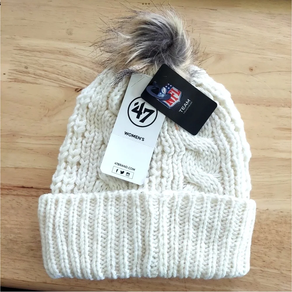 Seattle Seahawks Womens Hat '47 Meeko Cable Knit Faux Fur Pom Embroidered New